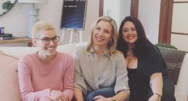 ms. digital editor carmen rios on a couch with the jane club co-founders june diane raphael and jess zaino