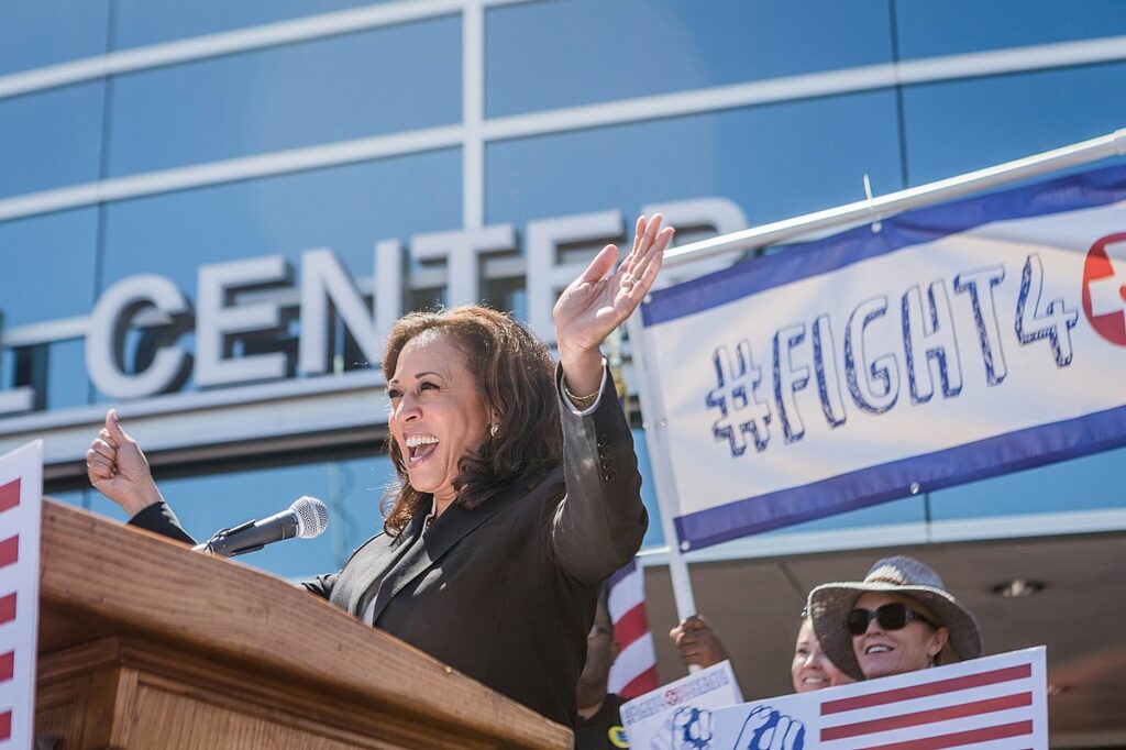 Senator Kamala Harris speaks at a health care rally 