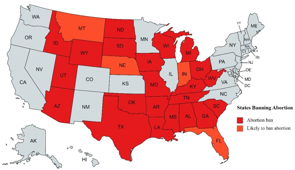 Map of 26 states which have or will likely ban abortion now that the Supreme Court has overturned Roe v. Wade

supreme-court-overturns-roe-v-wade-abortion