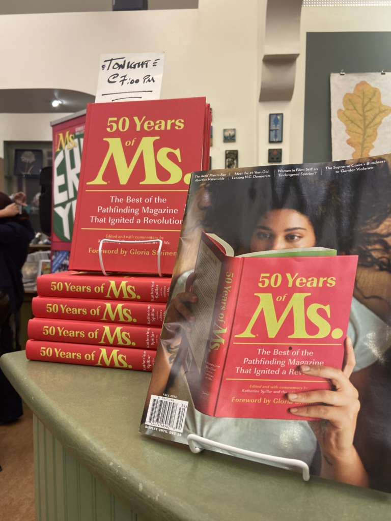 50 Years of Ms. and the Fall 2023 issue of Ms. magazine on display at Mrs. Dalloways bookstore in Berkeley, CA.