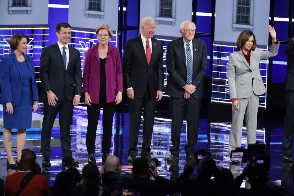 Democratic presidential candidates, including Kamala Harris and Joe Biden, before the Democratic debate in November 2019.