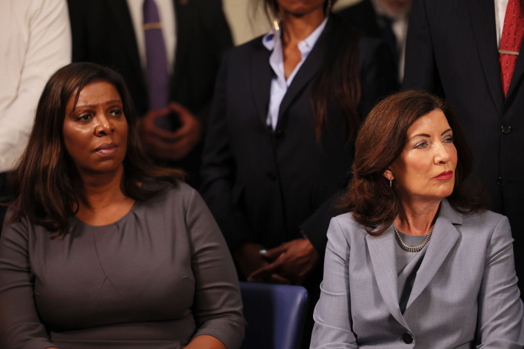 Letitia James and Kathy Hochul, New York's attorney general and governor respectively, seated together at a press conference