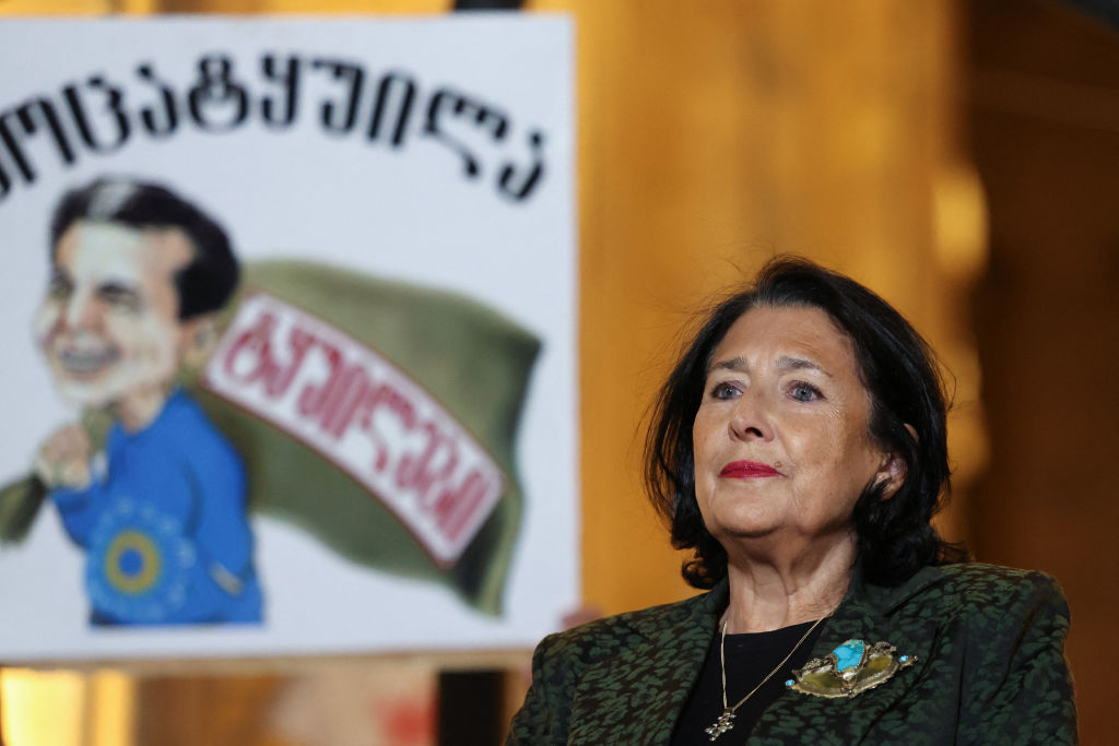 Salome Zurabishvili, president of Georgia, attends a rally protesting results of the parliamentary election.