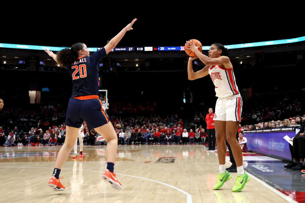 Taylor Thierry from the Ohio State Buckeyes and Berry Wallace from the Illinois Fighting Illini during a game in Ohio.