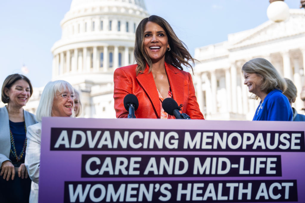 Halle Berry speaks on menopause outside the Capitol with Sens. Amy Klobuchar, Patty Murray and Lisa Murkowski