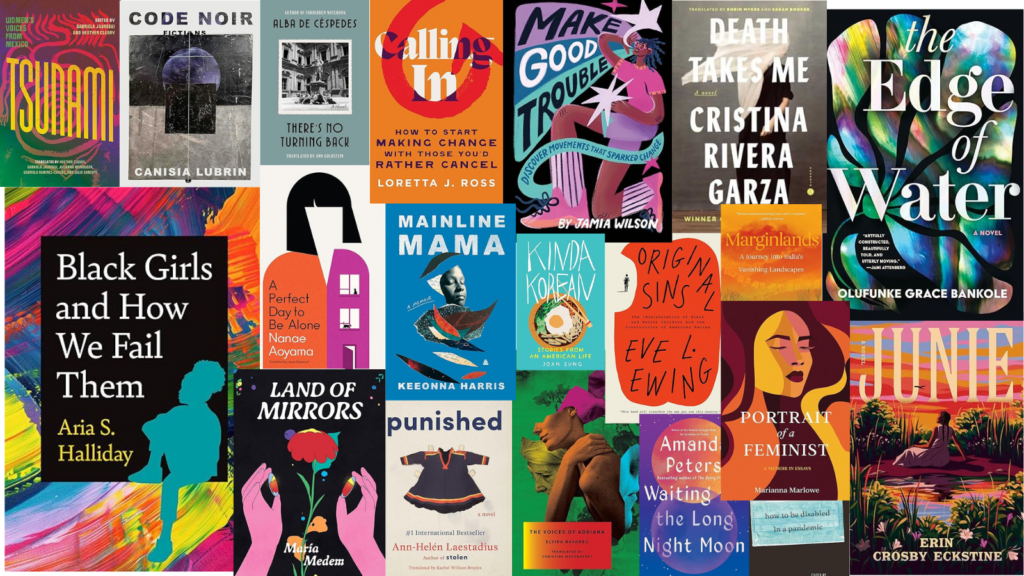 a collage of feminist books published in February 2025 written by women, Black, brown, AAPI, LGBTQ, Native, disabled, trans and nonbinary writers