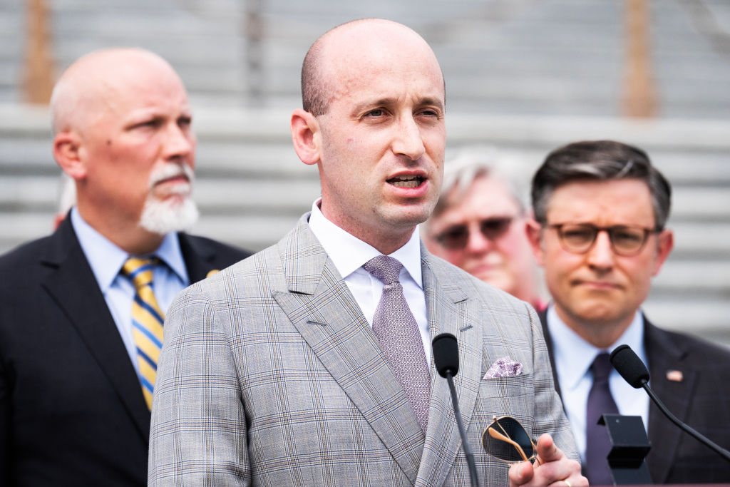 Three white men outside the Capitol discuss dismantling voting rights: Rep. Chip Roy, Stephen Miller and Speaker of the House Mike Johnson.