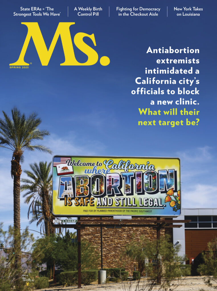 Magazine cover with blue sky and billboard "Welcome to California, where abortion is still save and legal"