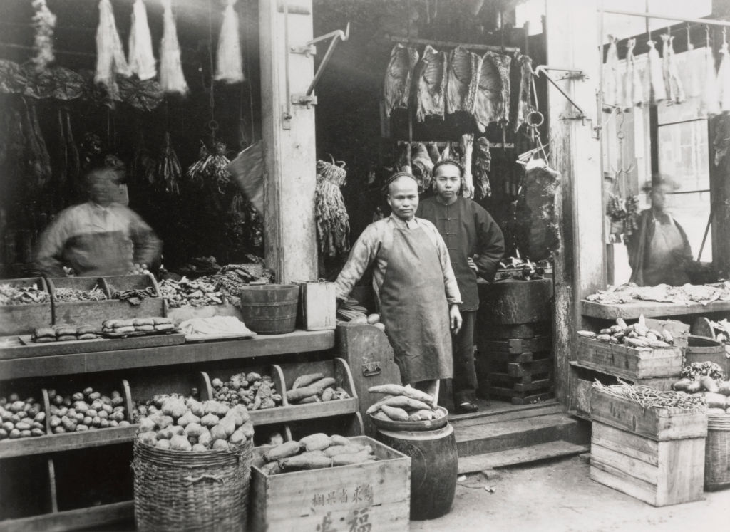 meat hanging from hooks with vegetables and other fresh produce displayed in crates at the front of the store in the Chinatown neighbourhood
