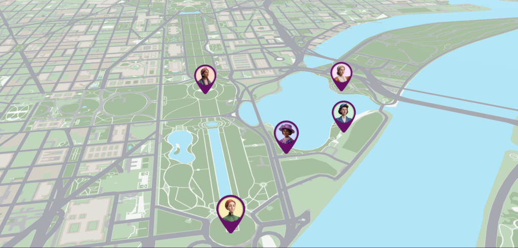 An animated aerial map of the National Mall in Washington, D.C., and surrounding areas with pins of five historical heroines located where their memoriums would be. 