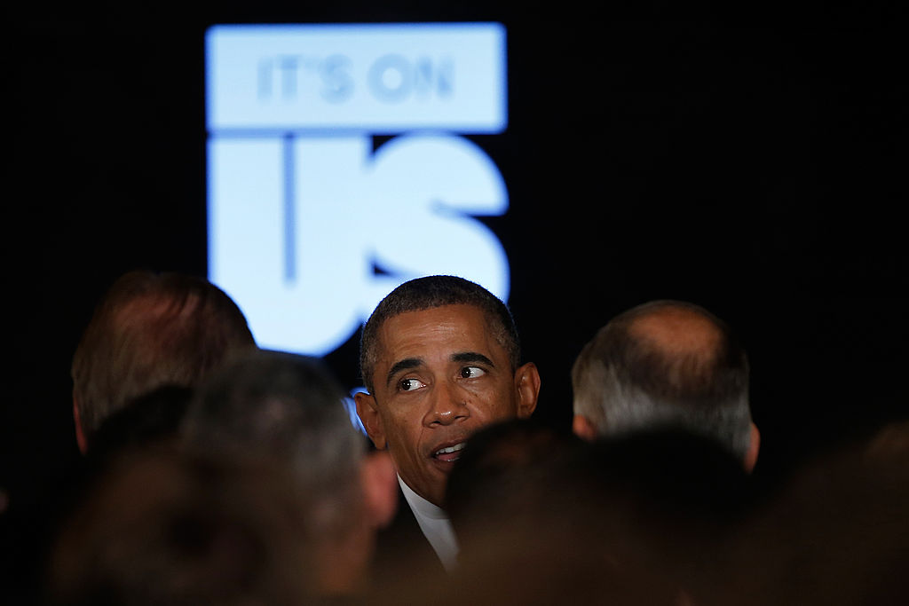 President Barack Obama greets guests after speaking at the launch of the "It's On Us" campaign