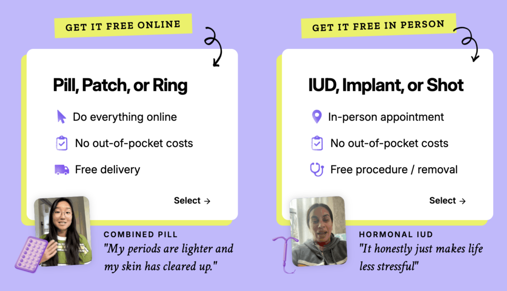On a lilac purple background, information about free and accessible birth control is typed above photos of women speaking.