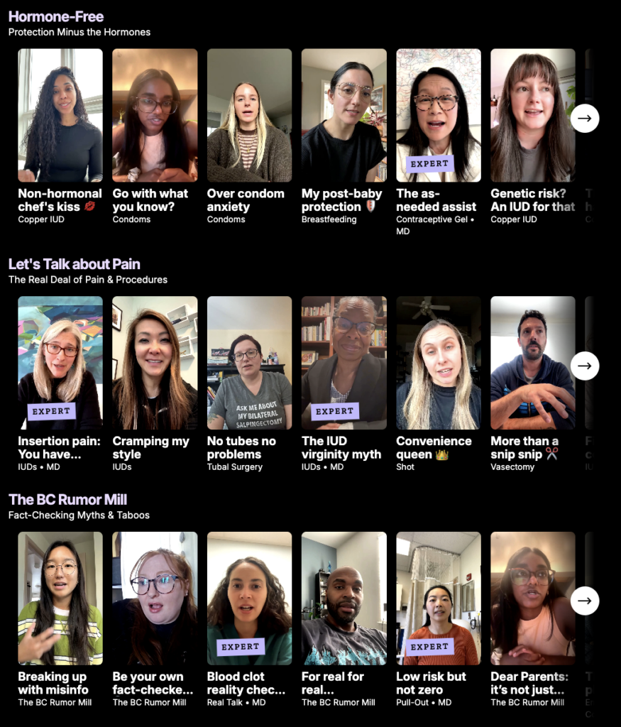 In this screenshot, a line of three rows of six men and women speaks about their experiences with birth control and contraceptive access.