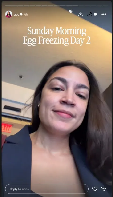 A screenshot from AOC's Instagram story shows her smiling with the words "Sunday Morning Egg Freezing Day 2" labeled above her. 
