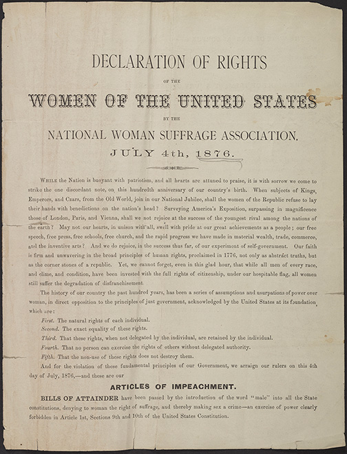 This is an image of the Declaration of Rights of the Women of the United States from 1876. 