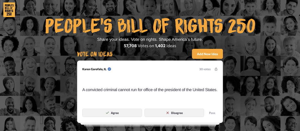 The voting page on the People's Bill of Rights website displays issues citizens can vote on.