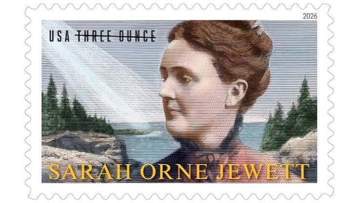 A U.S. postage stamp has a profile image of Sarah Orne Jewett in front of a scenic background. Her name is in yellow capital letters at the bottom.